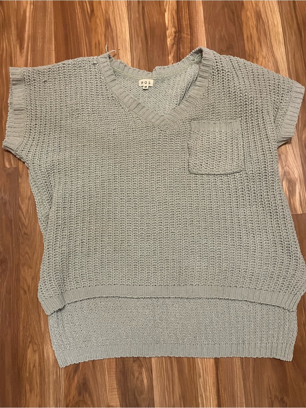 Pol Sage Green Short Sleeve Chunky Knit V-neck Pocket Sweater